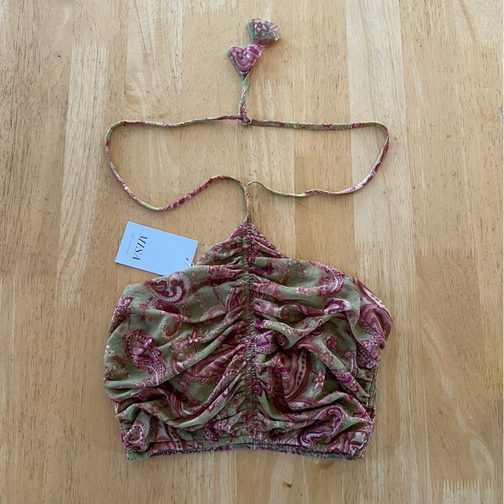 Misa Los Angeles Dalida Top Pink and White Ruched Crop Top